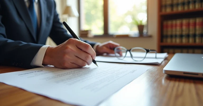 Advogado assinando documento legal com caneta em mesa de escritório