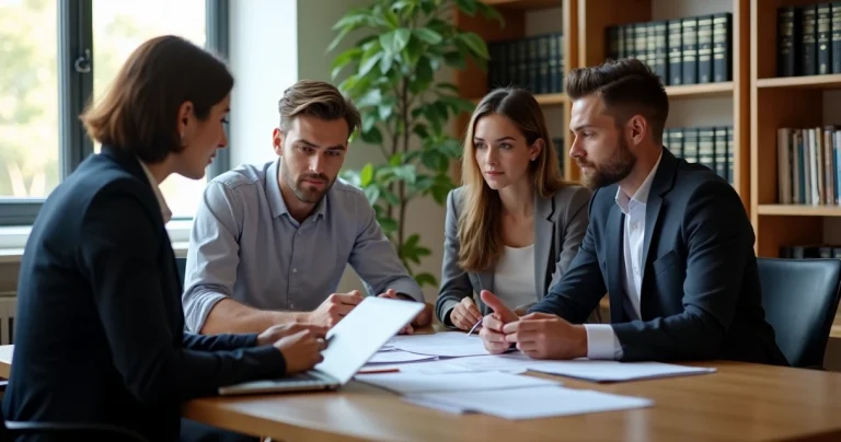 Advogado atendendo casal com filho maior de idade em escritório de advocacia