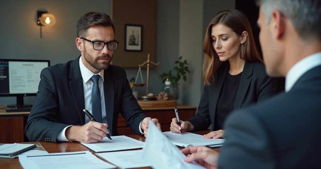 Advogado consultando cliente durante reunião com documentos jurídicos sobre mesa