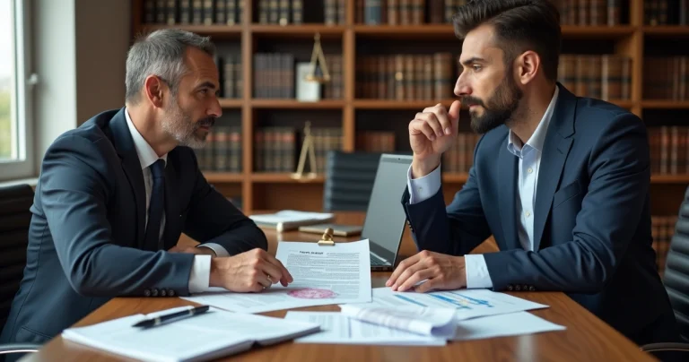 Advogado e médico em reunião avaliando documentos para processo de curatela com detalhes legais e expressões concentradas