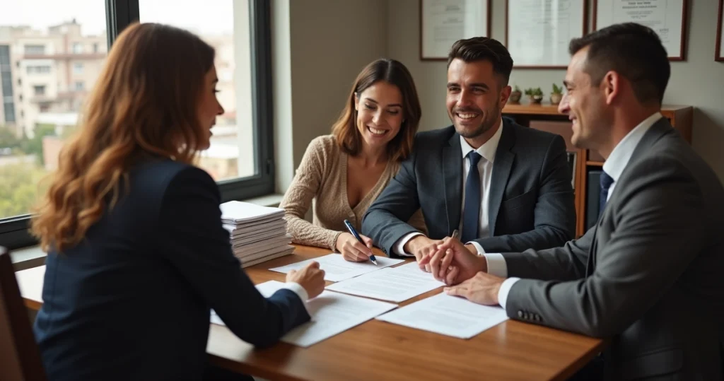 Casal assinando acordo de divórcio consensual em ambiente de cartório