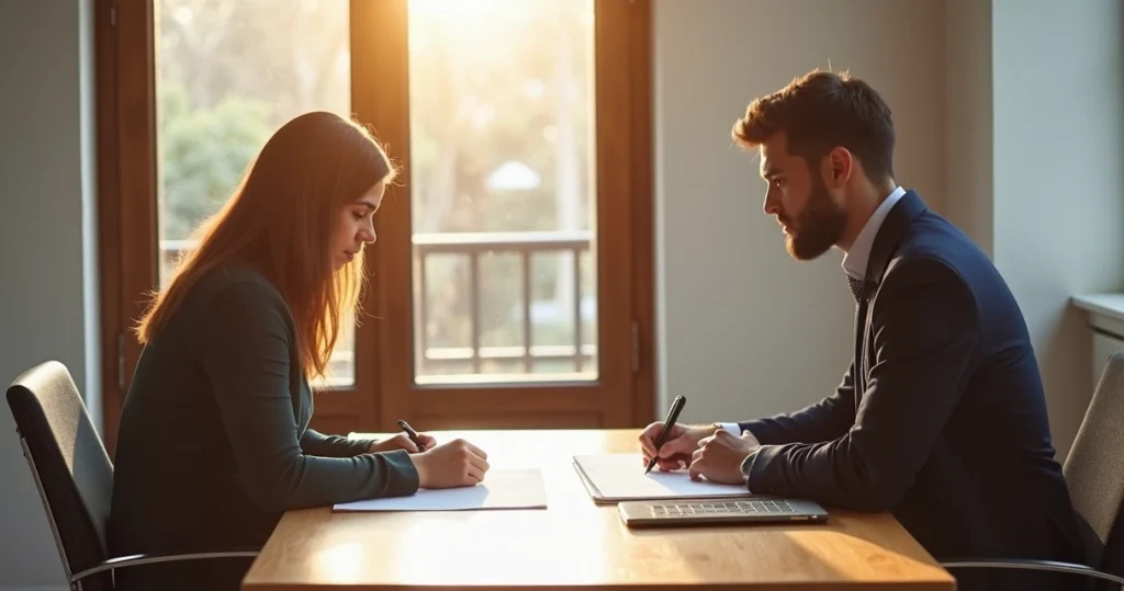 Casal assinando contrato de união estável em mesa de madeira com documentos e canetas à luz natural