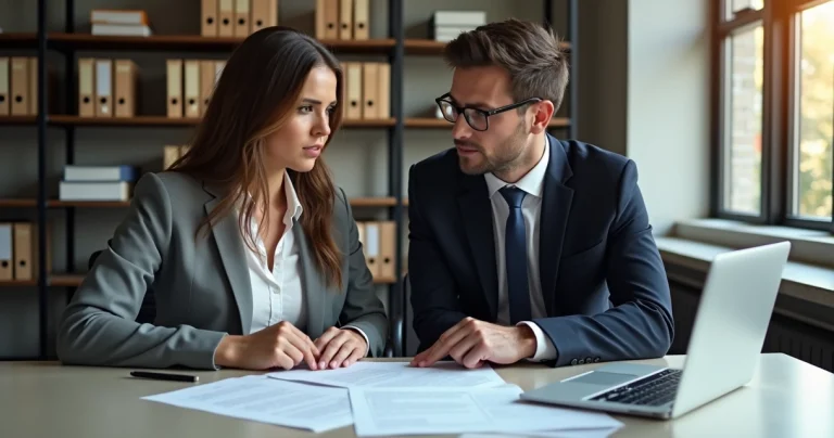 Casal discutindo partilha de bens em escritório de advocacia com documentos sobre a mesa