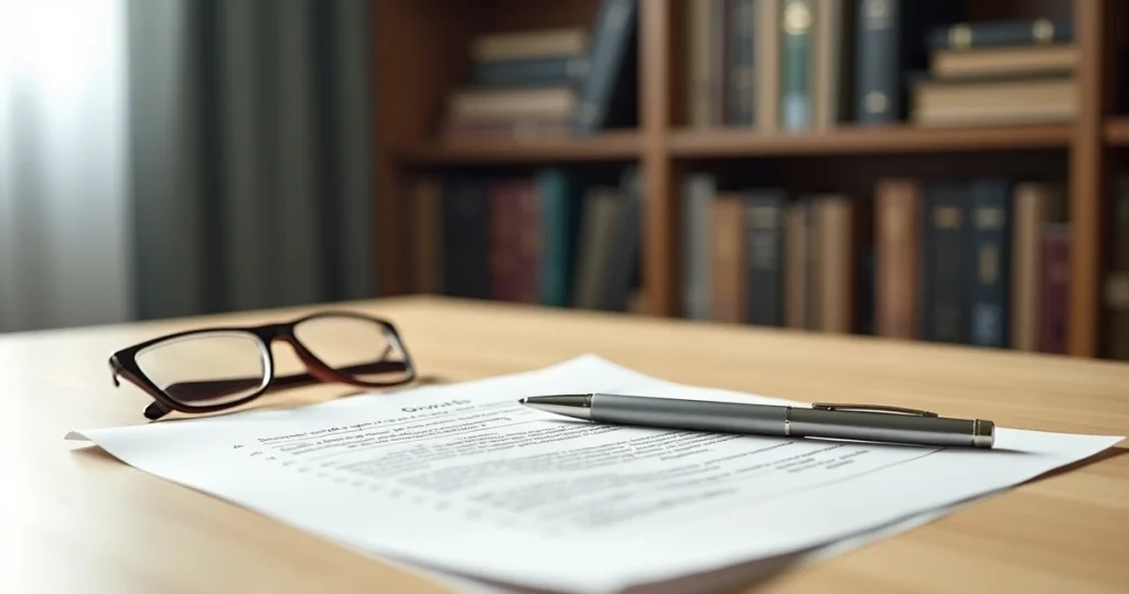 Mesa de advogado com documentos de divórcio aberto, caneta e óculos sobre superfície de madeira clara