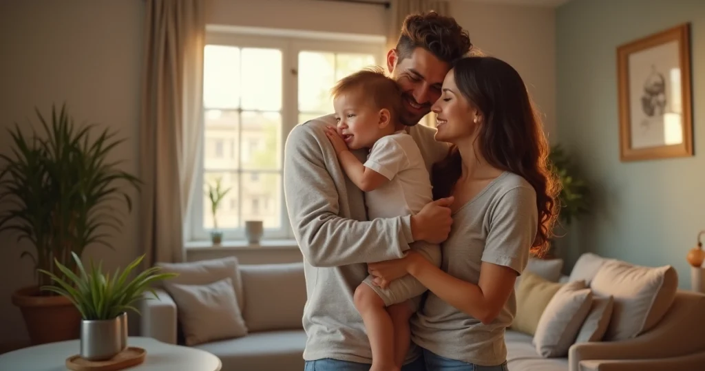 Família feliz com criança adotada em ambiente acolhedor e casa iluminada