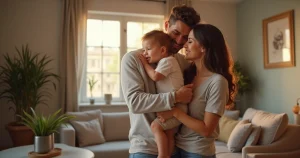 Família feliz com criança adotada em ambiente acolhedor e casa iluminada