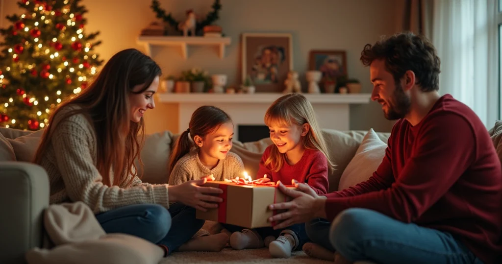 Família com filhos trocando presentes em ambiente festivo com árvore de Natal ao fundo e decoração natalina
