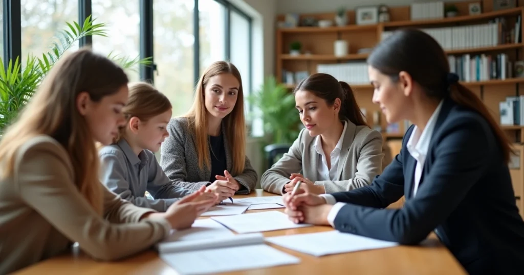 Família sentada com uma advogada, discutindo documentos legais em ambiente claro e acolhedor