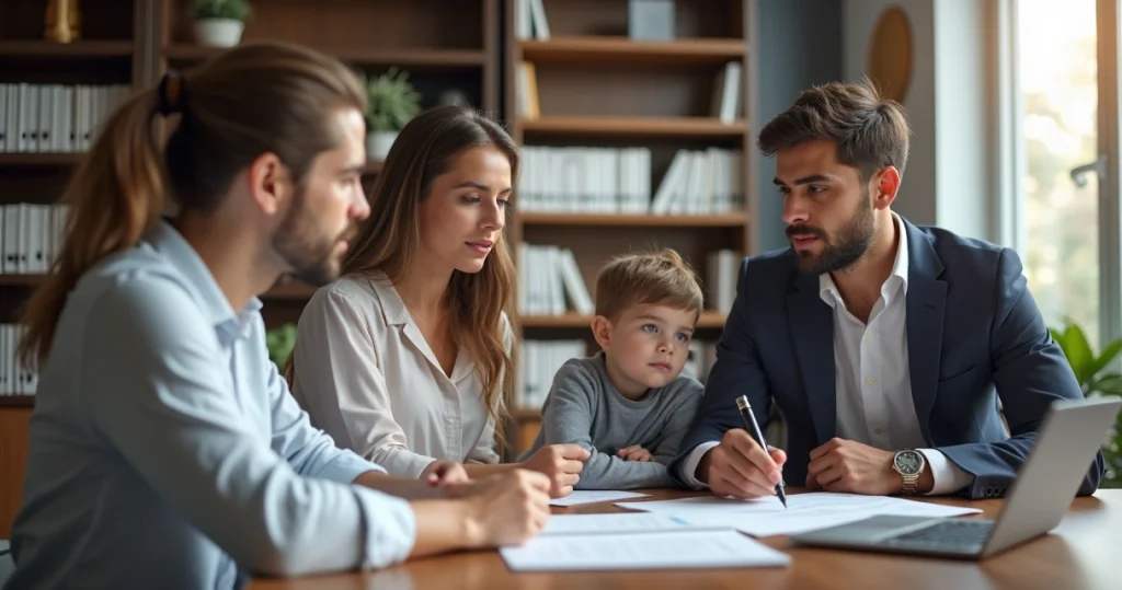 Família reunida em escritório consultando advogado sobre pensão alimentícia no Paraná