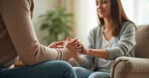 Mulher recebendo apoio emocional segurando a mão de outra pessoa em ambiente acolhedor