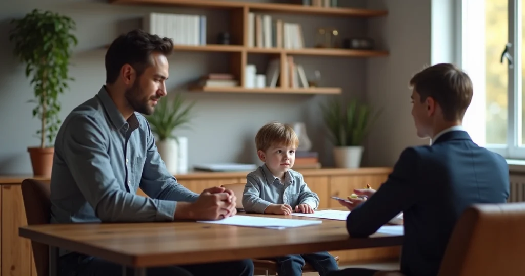 Pai com filho menor em um escritório de advocacia conversando com advogado