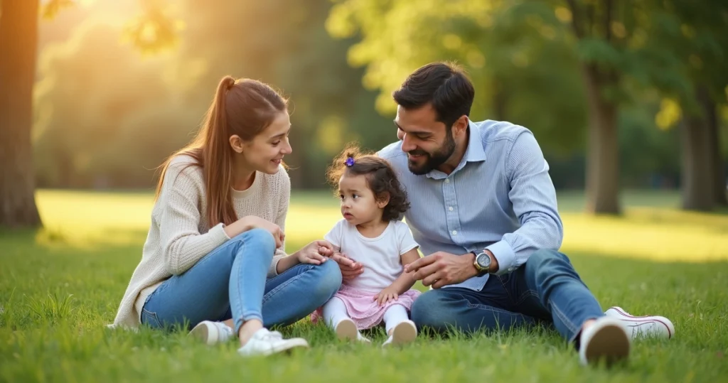 Pais compartilhando carinho com filha em parque durante dia ensolarado