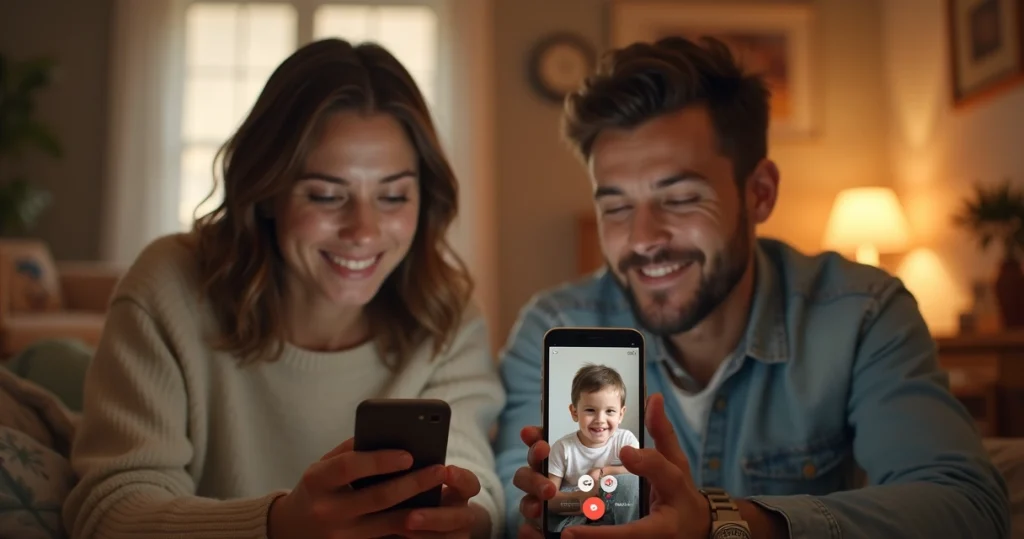 Dois adultos em locais diferentes segurando celulares e realizando videochamada para conversar com uma criança