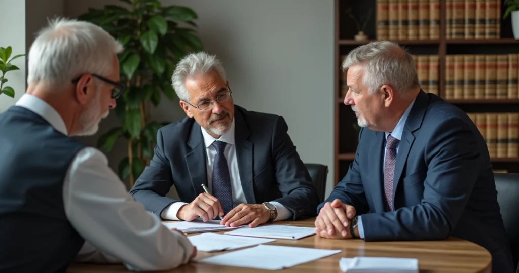 Advogado consultando casal sobre revisão de pensão alimentícia em escritório moderno